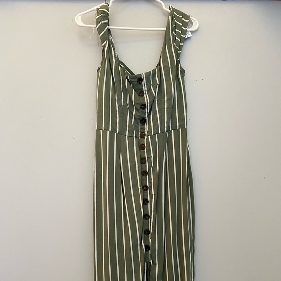 Olive green with white stripes and brown button dress! - Picture 2 of 3